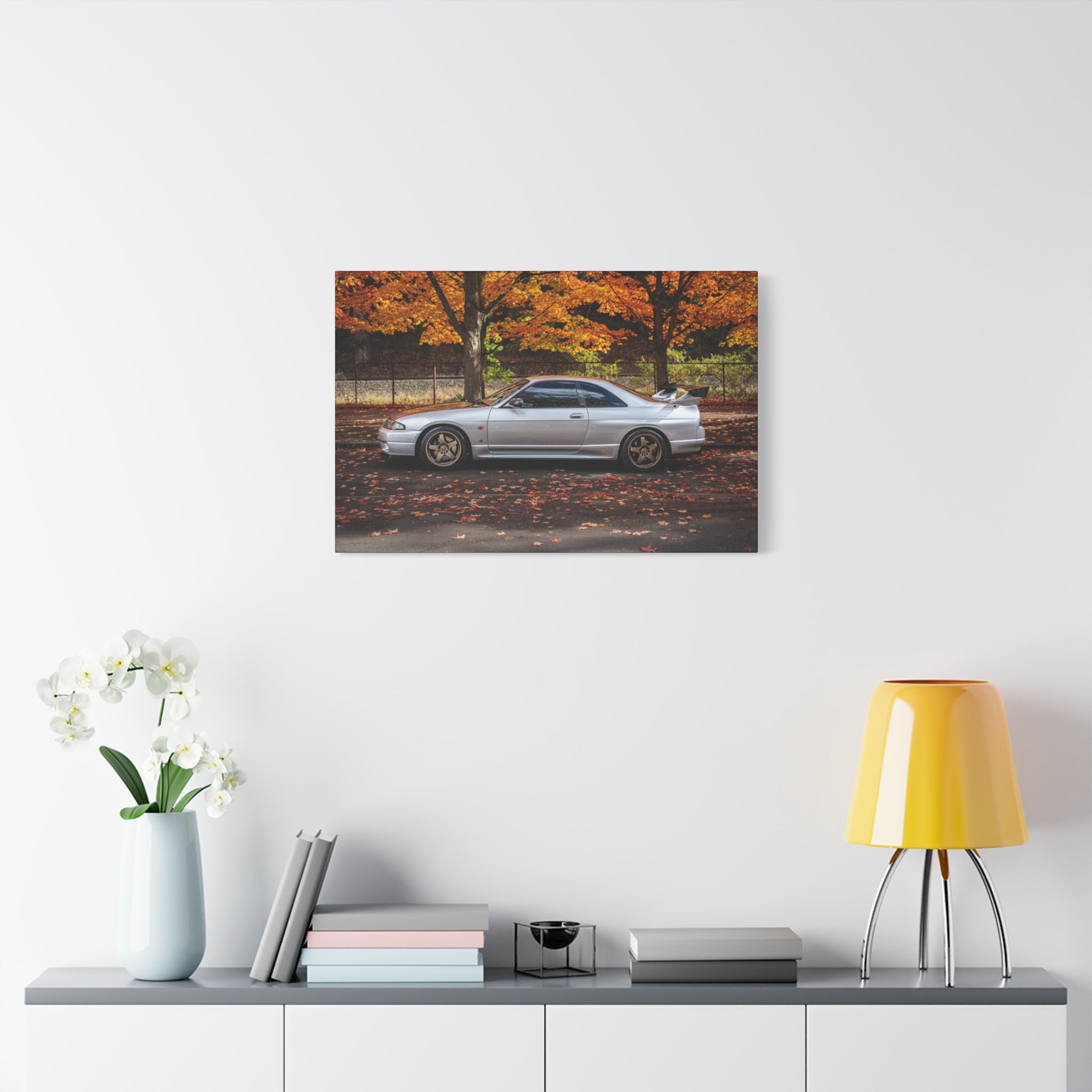 Silver Skyline GT-R Canvas Print — Autumn Street Scene