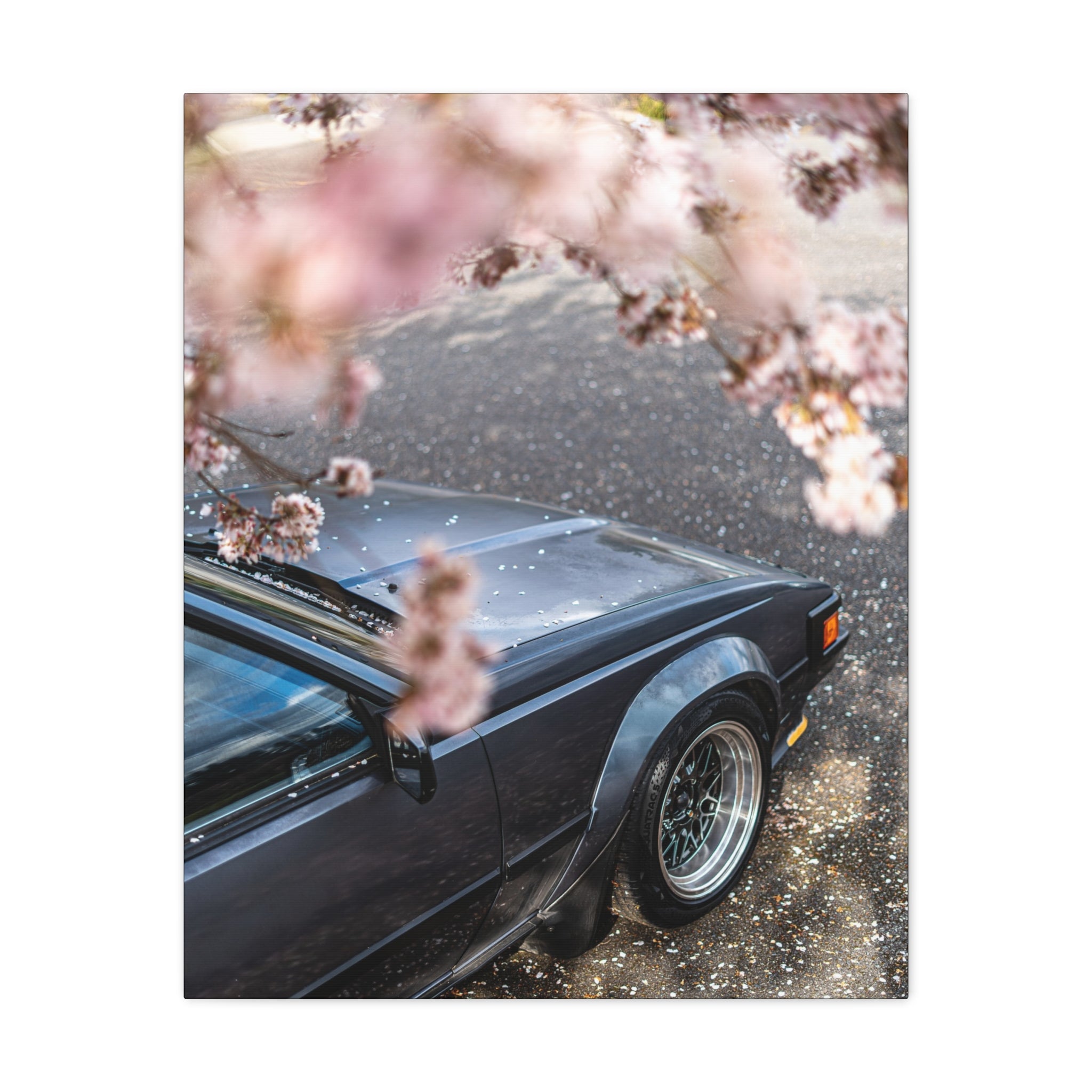 Vintage Sports Car Canvas Print — Cherry Blossom Automotive Wall Art (Matte Stretched)