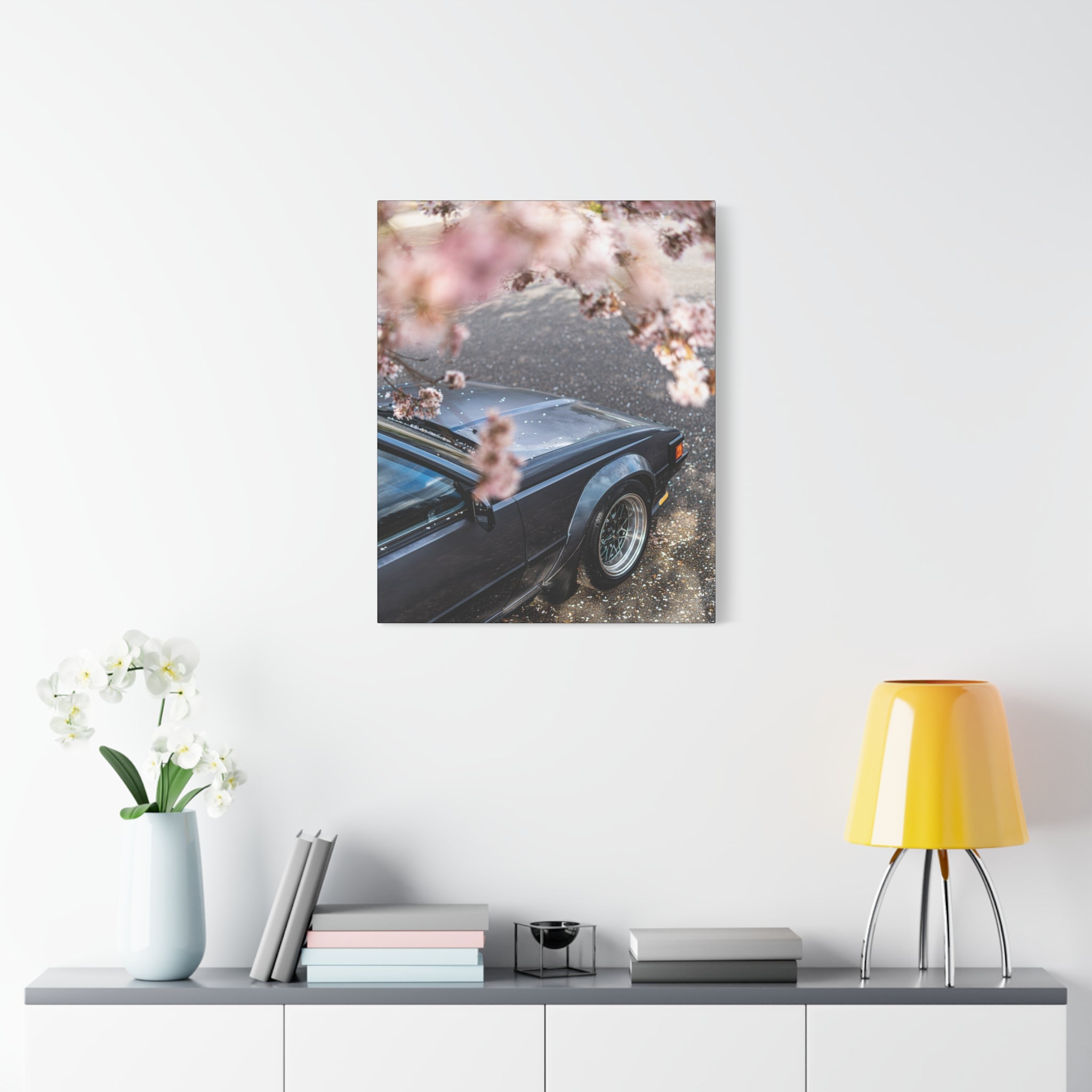 Vintage Sports Car Canvas Print — Cherry Blossom Automotive Wall Art (Matte Stretched)
