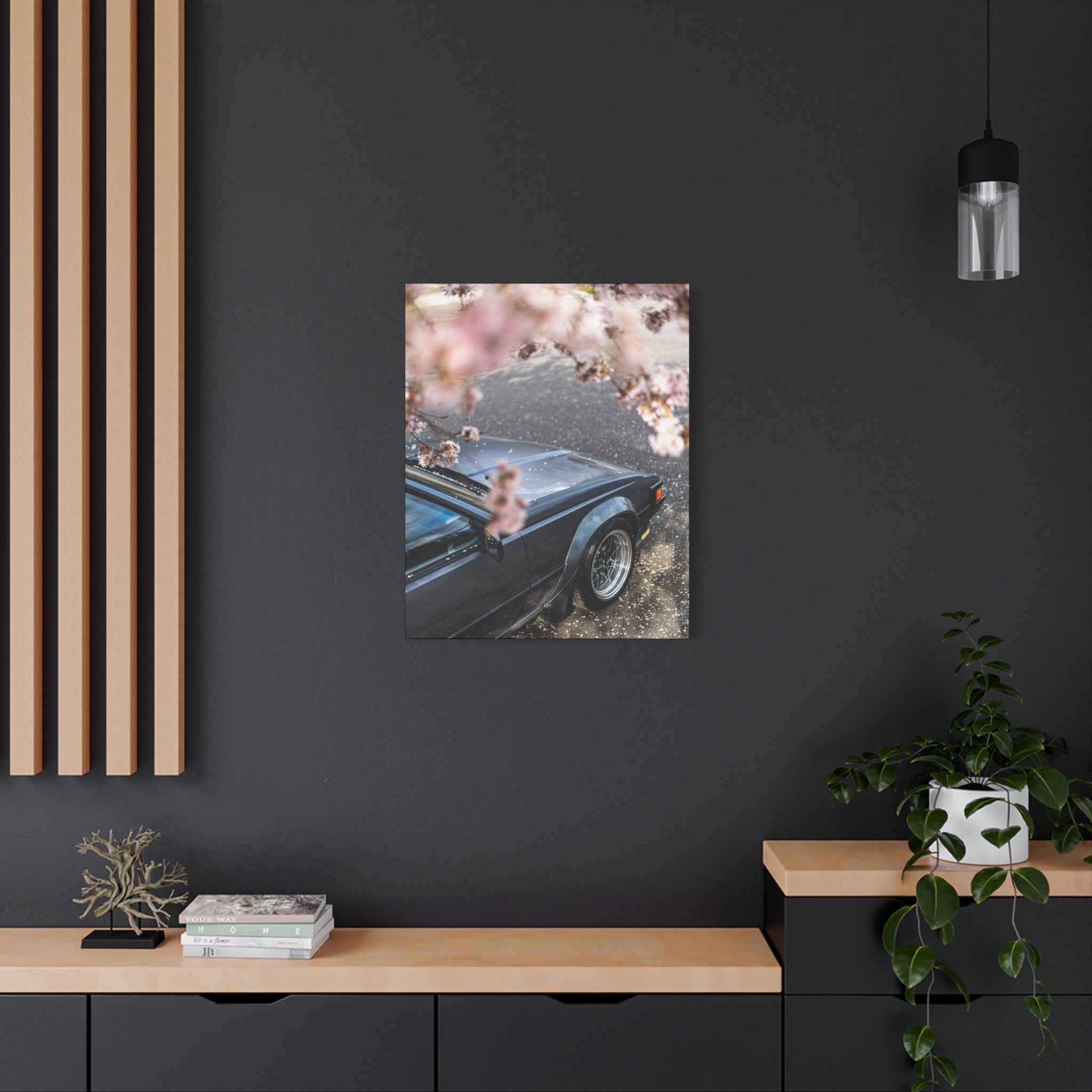 Vintage Sports Car Canvas Print — Cherry Blossom Automotive Wall Art (Matte Stretched)