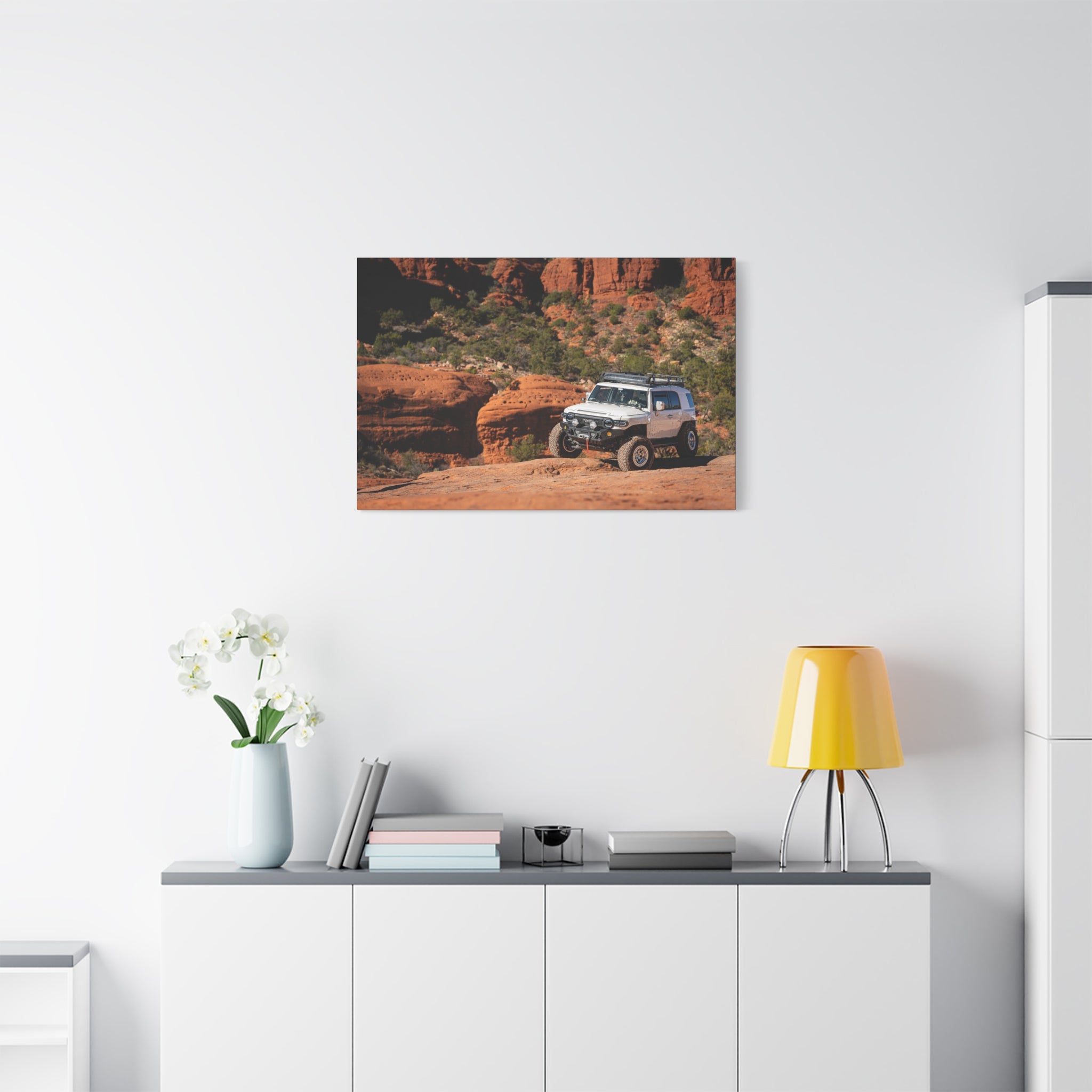 Off-Road SUV in Red Rock Canyon Matte Canvas Print — Adventure Wall Art