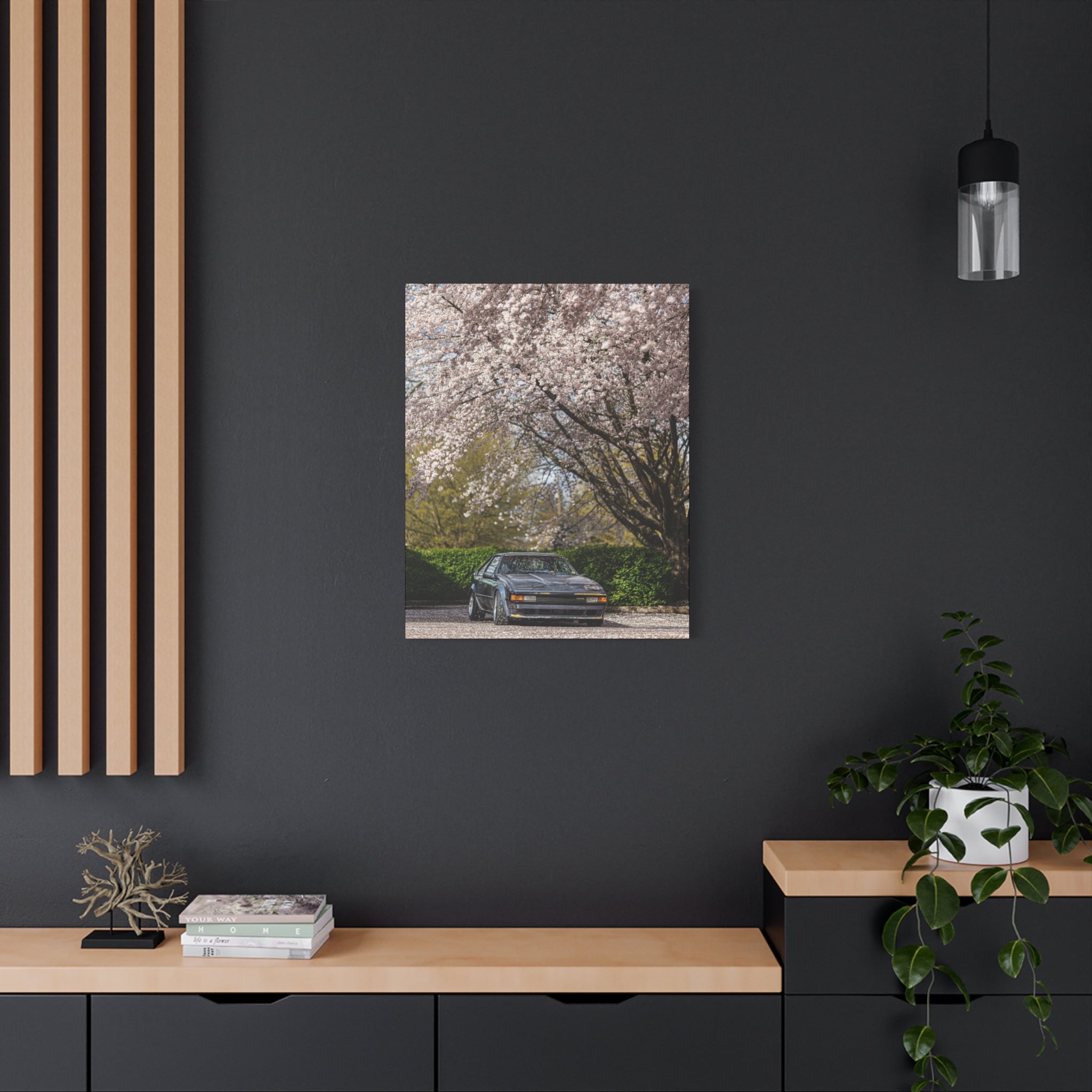 Vintage Sports Car Canvas Print - Cherry Blossom Scene, Matte Stretched 1.25"