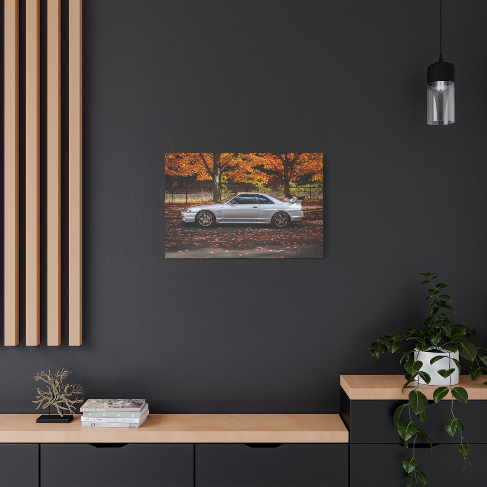 Silver Skyline GT-R Canvas Print — Autumn Street Scene